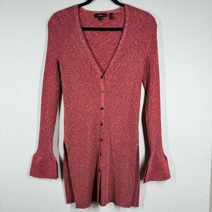 Theory Long Cabled Cardigan Ribbed Pink Space Dyed Button Front Size Small